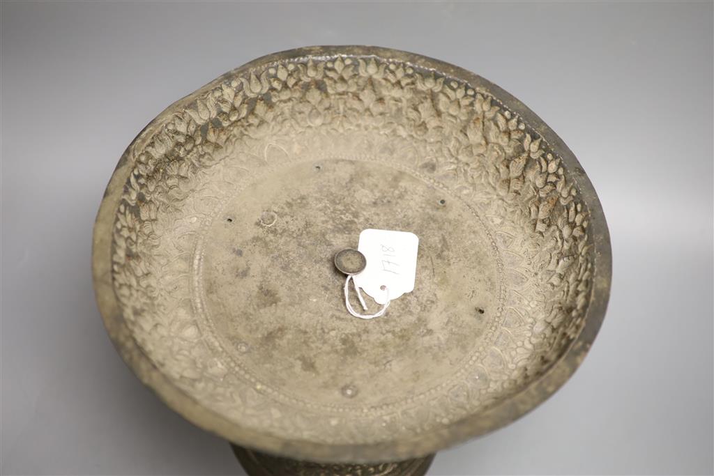 A late 19th/early 20th century Burmese? repousse white metal pedestal bowl(a.f.), height 24cm, gross 29.5oz.